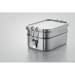 A stainless steel double-layer lunchbox with a secure clasp and sleek design. It features a shiny silver finish.