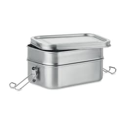 A stainless steel lunch box with two compartments, featuring a secure latch and a flat lid.
