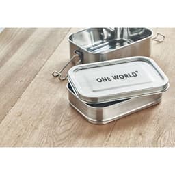 A stainless steel lunchbox set featuring two containers with a lid, placed on a wooden surface. One container is stacked on top of the other.