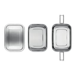 A set of three stainless steel baking trays in various sizes, featuring flat edges and two with handles.
