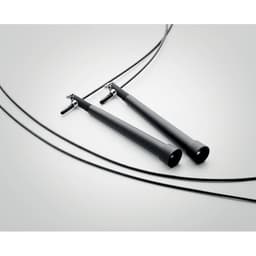 A black jump rope with sleek handles and long cables, featuring a simple design and no visible branding.
