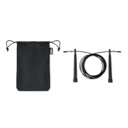 A jump rope with black handles and a coiled cable, accompanied by a black storage pouch.
