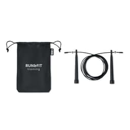 A jump rope with black handles and a black carry pouch featuring a logo.