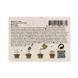 A product packaging featuring natural tones with specks and illustrations of plants and watering cans. Includes a logo.
