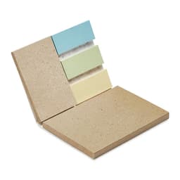 A notepad with a brown cover and three coloured sticky notes in blue, green, and yellow. It features a logo.