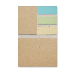 A notepad with a textured brown base and four colourful sticky notes in blue, green, and yellow shades.