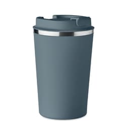 A drink bottle in a dark teal colour with a silver band around the top and a plastic lid. It has a logo on the side.