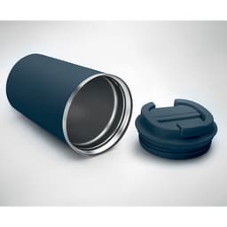 A drink bottle in navy blue with a stainless steel interior and a grey lid resting beside it.