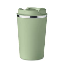 A drink bottle in a soft green hue with a silver band around the top and a lid. Features a logo.
