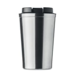 A stainless steel drink bottle with a black lid and a smooth, shiny surface. It features a logo on the front.