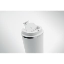 A drink bottle in white with a silver band at the top and a flip-open lid. It features a logo.