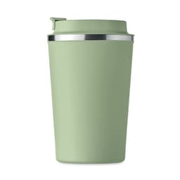 A drink bottle in a soft green colour with a stainless steel band and a lid. It features a sleek, minimalist design.