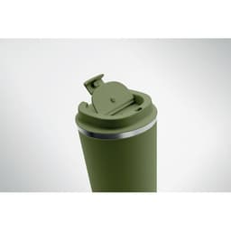 A drink bottle in an olive green colour with a silver band and a flip-top lid. It features a logo on the body.