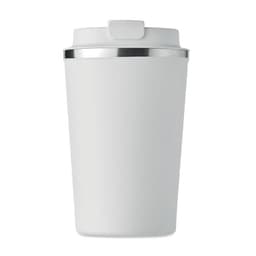 A white drink bottle with a silver band around the lid and a logo on the front.