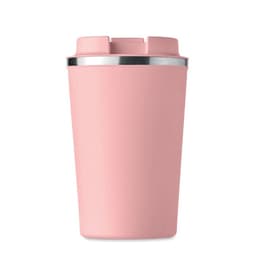 A pink drink bottle with a stainless steel lid and a smooth matte finish. Features a logo on the front.