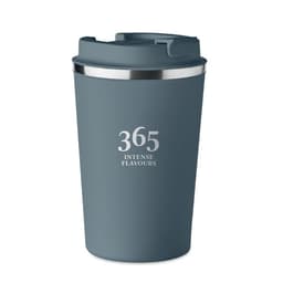 A drink bottle in navy blue with a silver band at the top and a lid. Features a simple, elegant design.