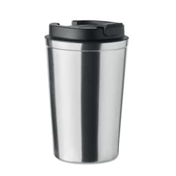 A stainless steel drink bottle with a black lid and a smooth metallic finish, featuring a logo.