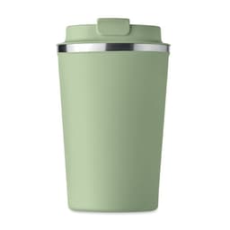 A drink bottle in a soft green colour with a silver lid and a smooth matte finish. It has a logo on the side.