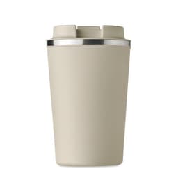 A drink bottle in a beige colour with a silver band around the top and a logo on the side.
