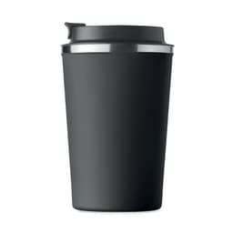 A black drink bottle with a stainless steel lid and a sleek, matte finish. Features a logo.
