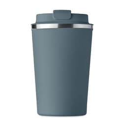 A drink bottle in a dark blue shade with a silver rim and a lid, featuring a smooth matte finish.