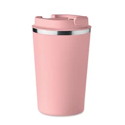 A pink drink bottle with a silver band and a flip-top lid, featuring a logo on its surface.