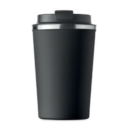 A black drink bottle with a metal rim and a black lid, featuring a smooth matte finish. It has a logo on it.