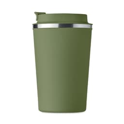A green drink bottle with a silver band and a lid, featuring a sleek, modern design.