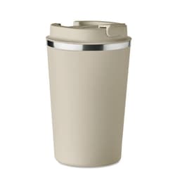 A drink bottle in a soft beige colour featuring a silver band and a lid. It has a smooth, sleek design with a logo.
