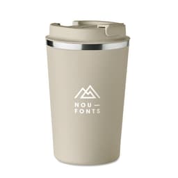 A drink bottle in a light beige colour with a silver band and a lid. It features a logo on the surface.