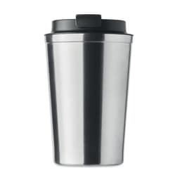 A stainless steel drink bottle with a black lid and a sleek, minimalist design. It features a logo on the front.