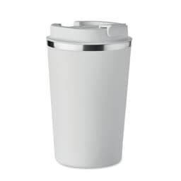 A drink bottle in matte white with a silver band at the top and a secure lid. It features a logo.