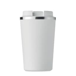 A white drink bottle with a silver band around the top and a smooth finish. It features a logo.