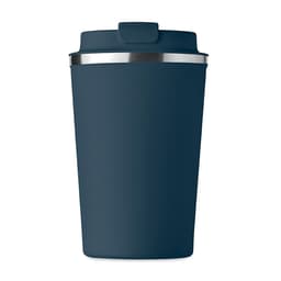 A dark blue drink bottle with a silver lid and a smooth matte finish. It features a logo on the side.