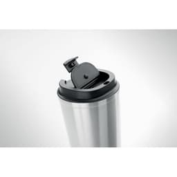 A stainless steel drink bottle with a black lid and a flip-top opening, featuring a logo on its surface.