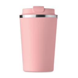 A pink drink bottle with a silver lid and a smooth, textured finish. It features a logo on the side.