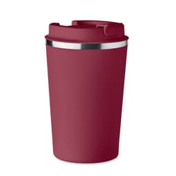 A burgundy drink bottle with a silver band and a lid, featuring a smooth finish and a sleek design.