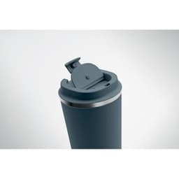 A drink bottle in dark blue with a silver rim and a flip-top lid. It features a logo on the side.