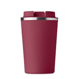 A drink bottle in a deep burgundy colour with a stainless steel rim and a textured finish, featuring a logo.
