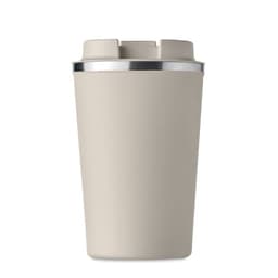 A drink bottle in a light beige colour with a silver rim, featuring a lid design. It has a logo on the front.