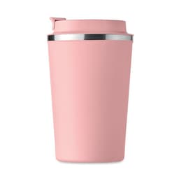 A pink drink bottle with a silver rim and a lid, featuring a smooth exterior.