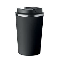 A black drink bottle with a lid, featuring a sleek, matte finish and a logo on the side.