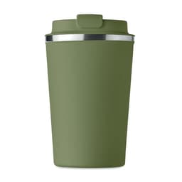 A drink bottle in matte olive green with a stainless steel band around the top and a lid. Features a logo.