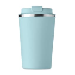 A drink bottle in a light blue colour with a stainless steel rim and a lid. It features a logo on its surface.