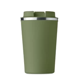 A green drink bottle with a silver band around the top and a logo on the side.