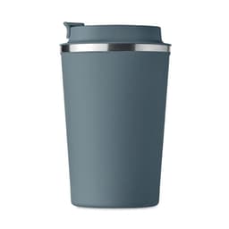 A drink bottle in a smooth, dark grey finish with a stainless steel rim and a lid. Features a logo.