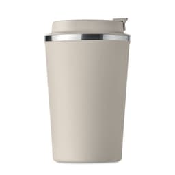 A drink bottle in a light beige colour with a silver band and a fitted lid. It features a logo on the side.