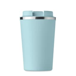 A drink bottle in a light blue colour with a stainless steel band around the top. It features a logo.