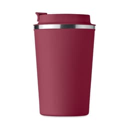 A drink bottle in a burgundy colour with a stainless steel rim and a lid, featuring a smooth texture.