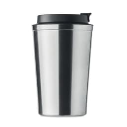 A stainless steel drink bottle with a black lid and a simple, sleek design. It features a logo on the body.